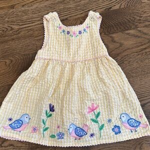 JoJo Maman Bebe Yellow Striped Dress with Floral and Bird Embroidery size 6-12mo